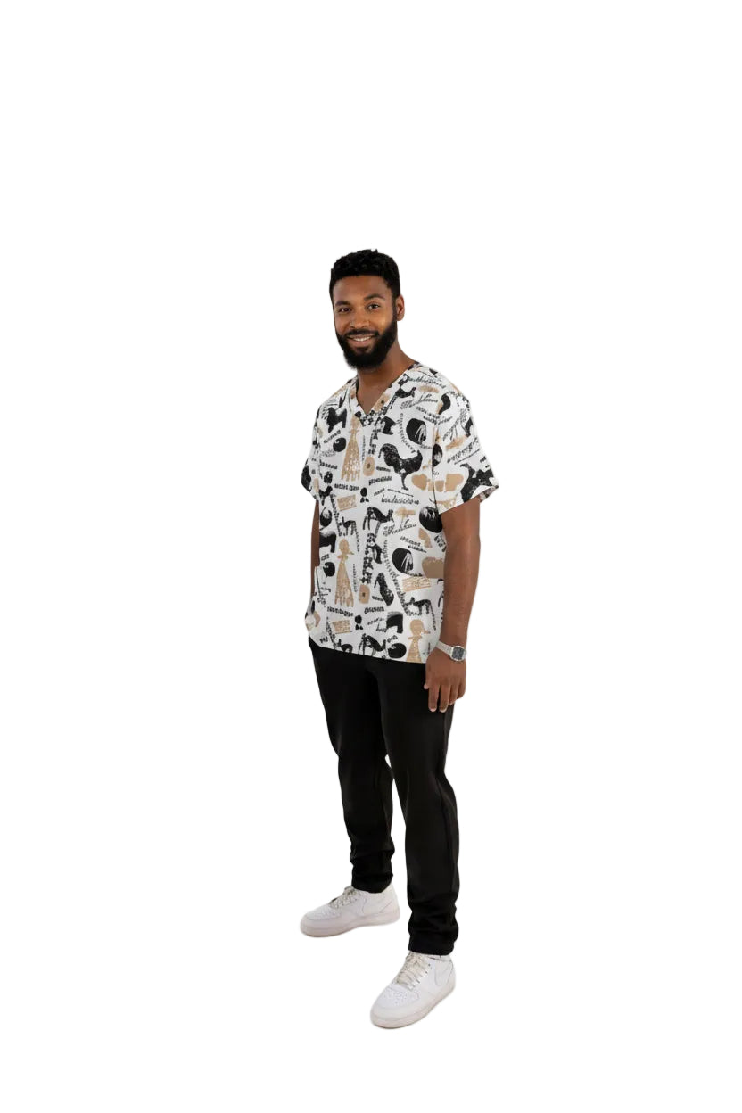 Man wearing a patterned scrub shirt 