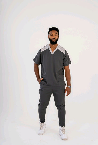 Dynamic Duo: Sporty Two-Tone V-Neck Scrub Top with Matching Fitted Pants