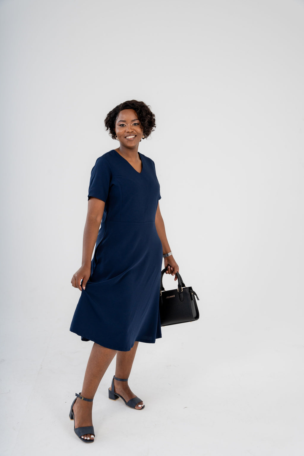 MIDI FIT & FLARE DRESS☆NAVY